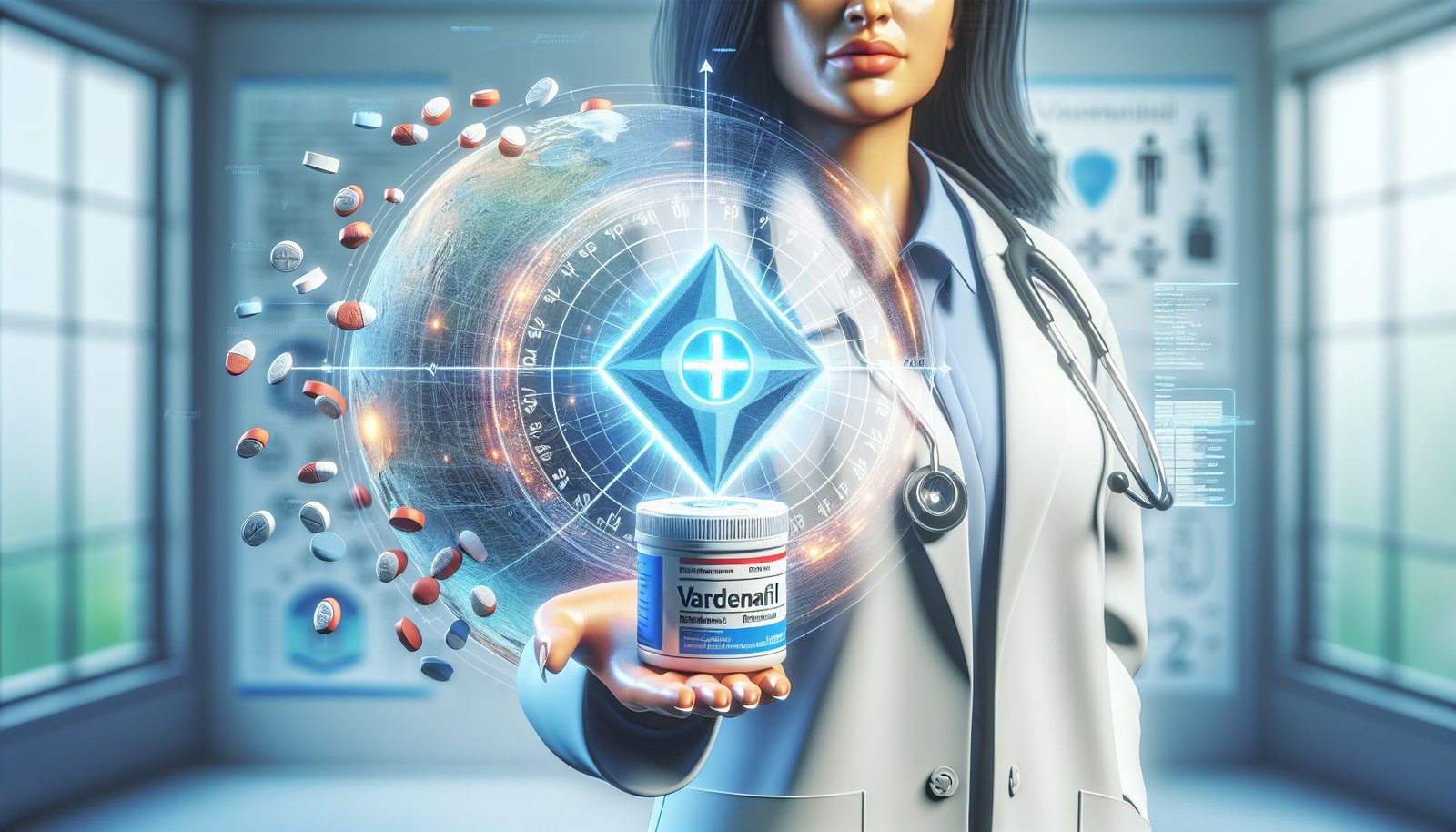 Vardenafil tablets, chemical structure, and infographic explaining mechanism of action for erectile dysfunction treatment